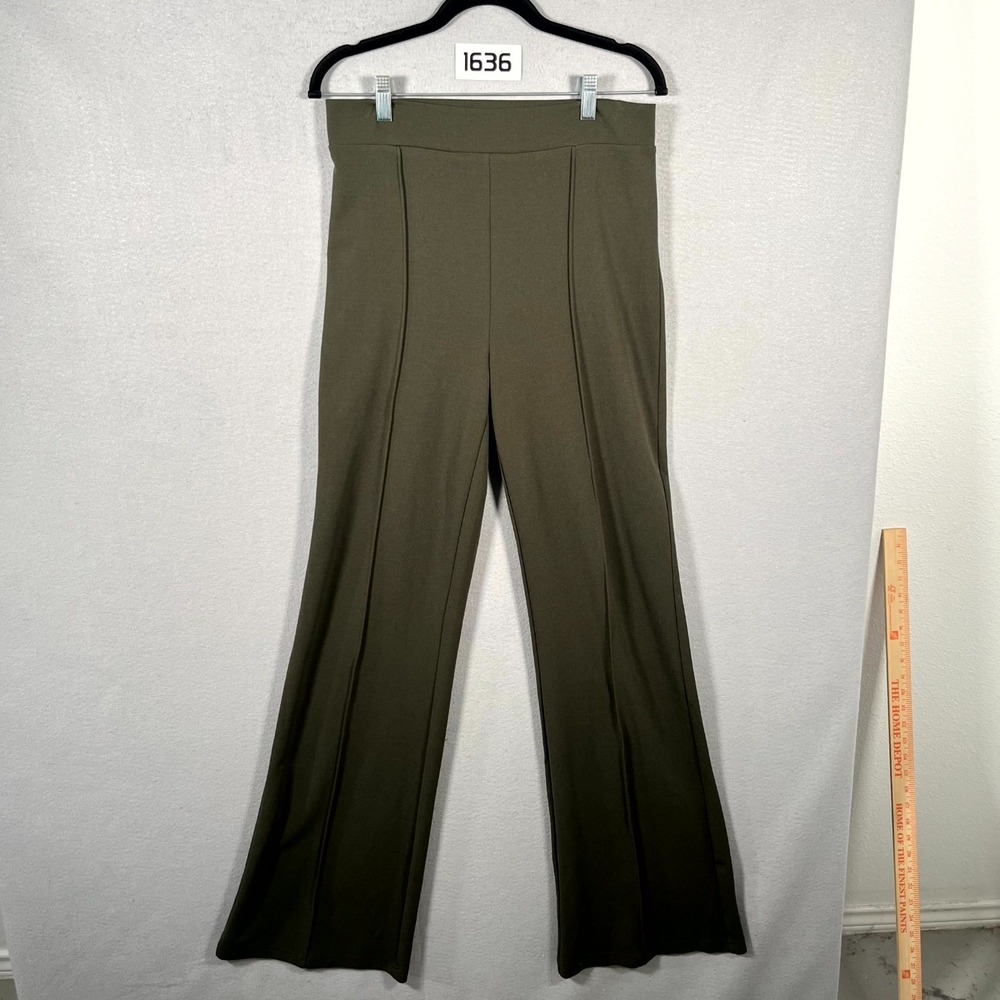 Contempo Dress Pants Womens Large Olive Green Stretch Pleated Pull On Wide Leg